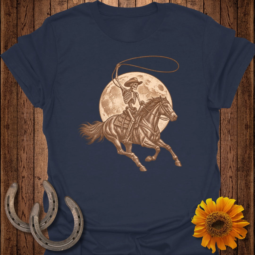 Skeleton cowboy on horseback with lasso, against a full moon background.
