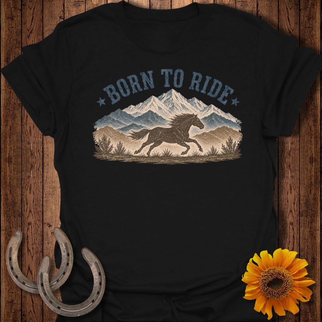Black t-shirt with distressed "Born to Ride" text and running horse graphic.