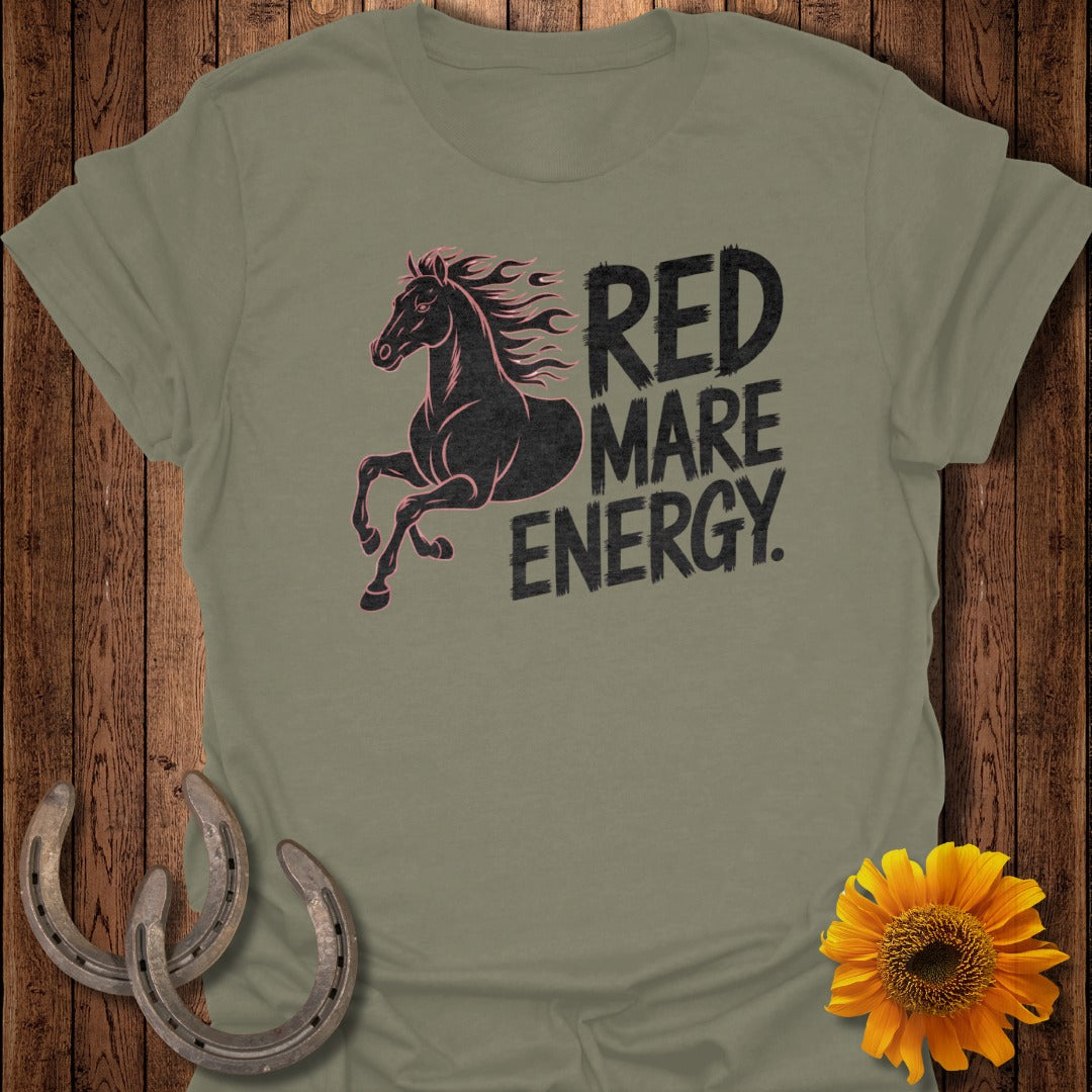 Olive green t-shirt with "Red Mare Energy" text and a black horse graphic.