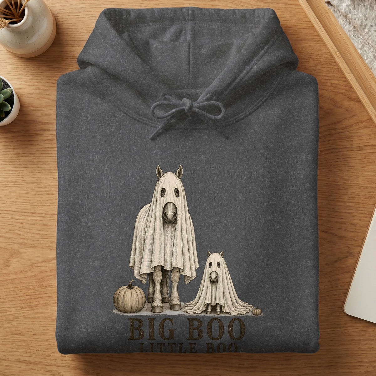 Two horses in ghost costumes with pumpkins and text "BIG BOO LITTLE BOO."