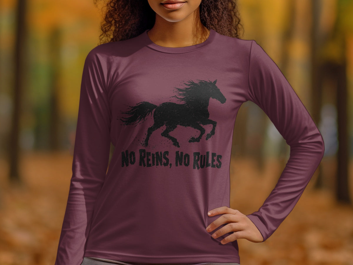 Maroon long-sleeve shirt with black horse silhouette and "NO REINS, NO RULES" text.