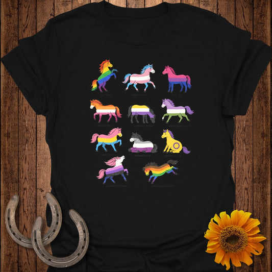 T-shirt with rainbow and pride flag designs of various horses and their labels.