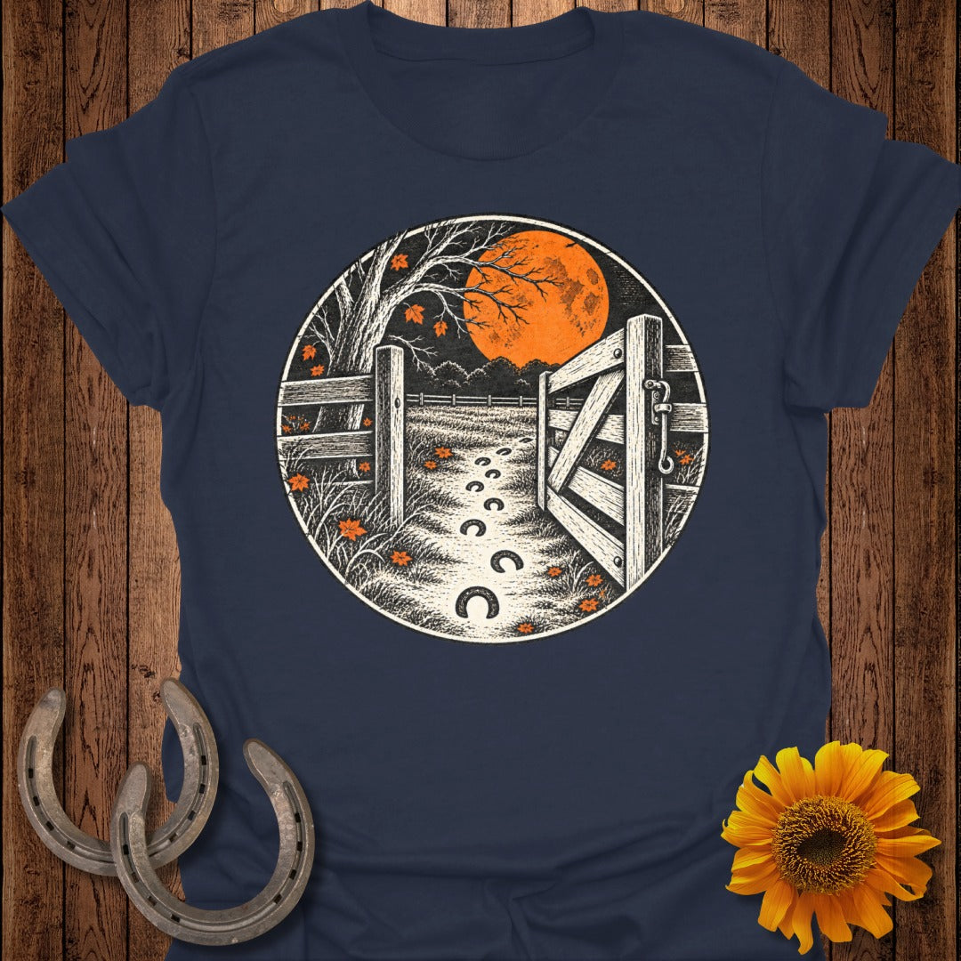 Circular graphic of an open gate with horseshoe prints under an orange moon.