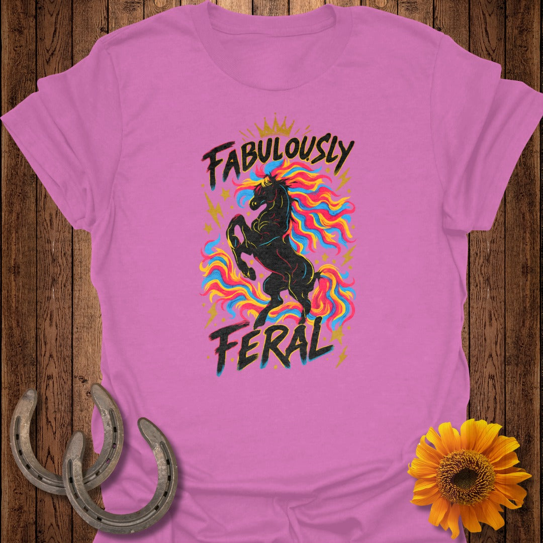 Pink t-shirt with "FABULOUSLY FERAL" text and a rearing black horse.
