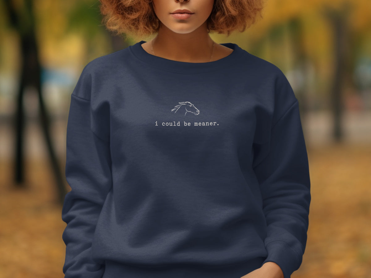 Navy sweatshirt with a white line drawing of a horse and the text "i could be meaner."