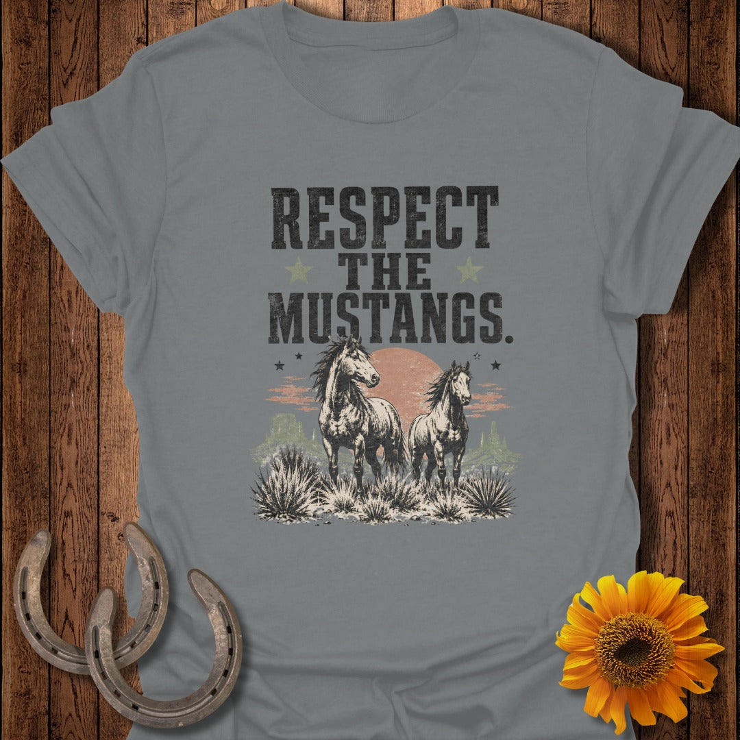 Grey t-shirt with "Respect the Mustangs" text and two horses in a desert landscape.