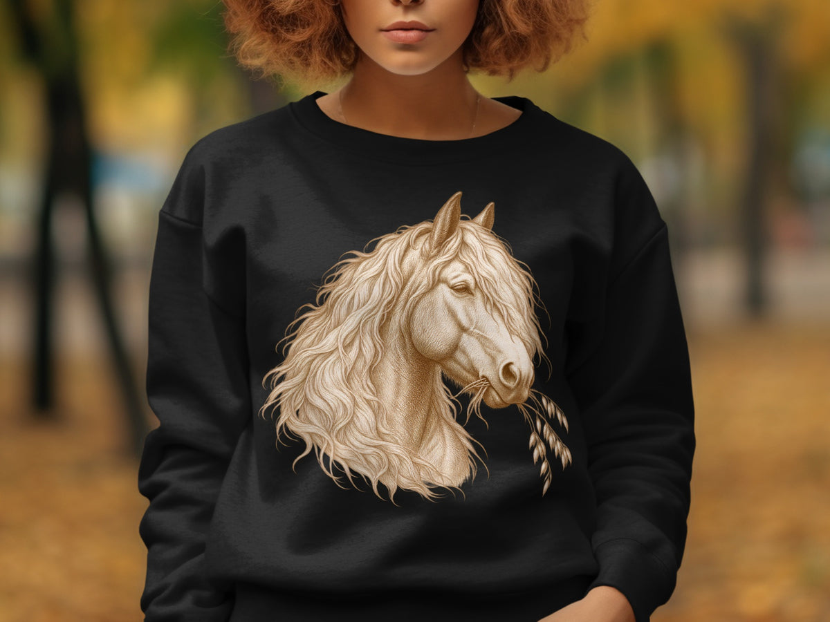 Black sweatshirt featuring a detailed illustration of a horse's head with flowing mane.