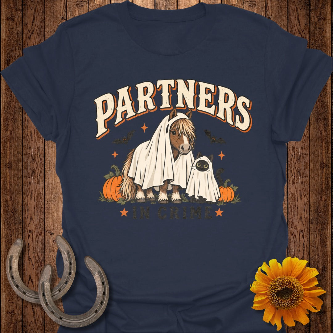 Horse and cat in ghost costumes with text "PARTNERS IN CRIME" and pumpkins.