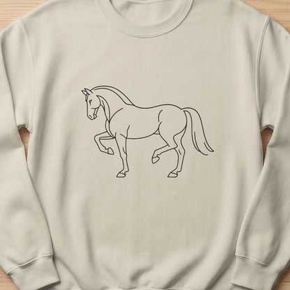 Line art of a horse in profile on a cream sweatshirt.