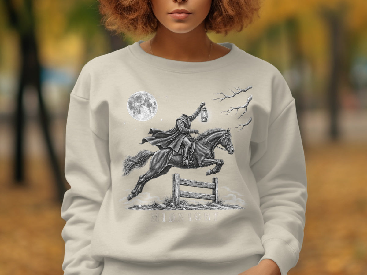 Headless horseman with lantern jumps fence under full moon, text MIDNIGHT.