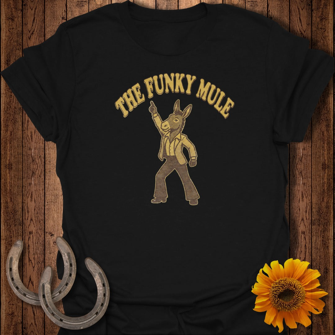 Black t-shirt with "The Funky Mule" text and cartoon mule dancing.
