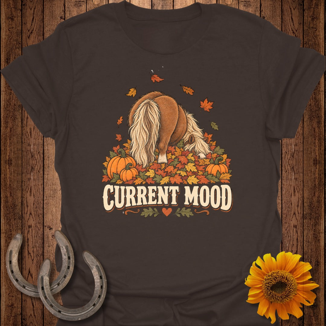 Pony in fall leaves with pumpkins, text "Current Mood"