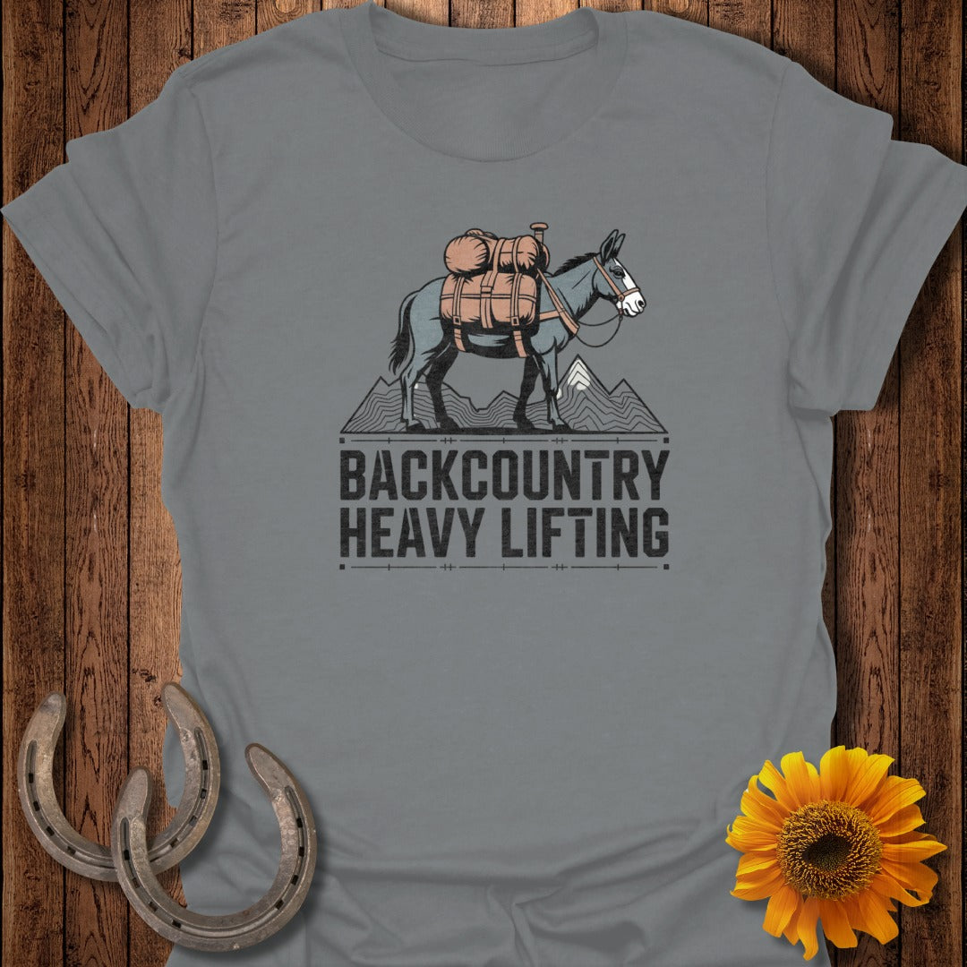 Grey t-shirt with "Backcountry Heavy Lifting" text and donkey graphic.