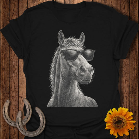Black t-shirt featuring a sketch of a horse wearing sunglasses.