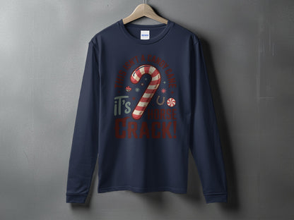 Navy long sleeve shirt with "This isn't a candy cane, it's horse crack!" graphic.