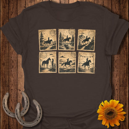 Six vintage postage stamps with equestrian scenes on a brown t-shirt.