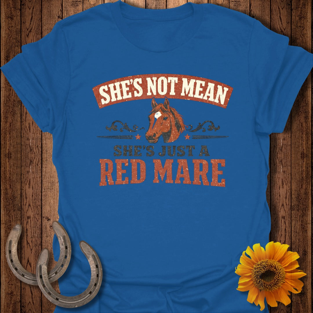 Blue t-shirt with "SHE'S NOT MEAN SHE'S JUST A RED MARE" text and horse graphic.