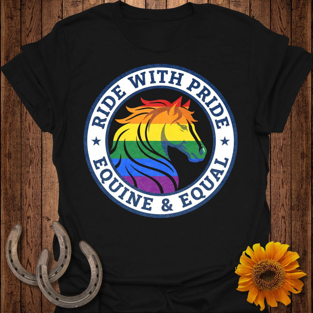 Ride With Pride Equine & Equal Rainbow Horse Tee