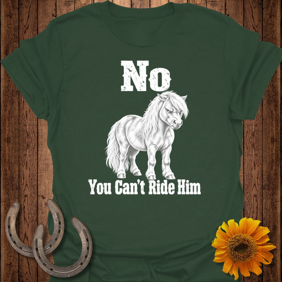 Green t-shirt with "No You Can't Ride Him" and a pony graphic.