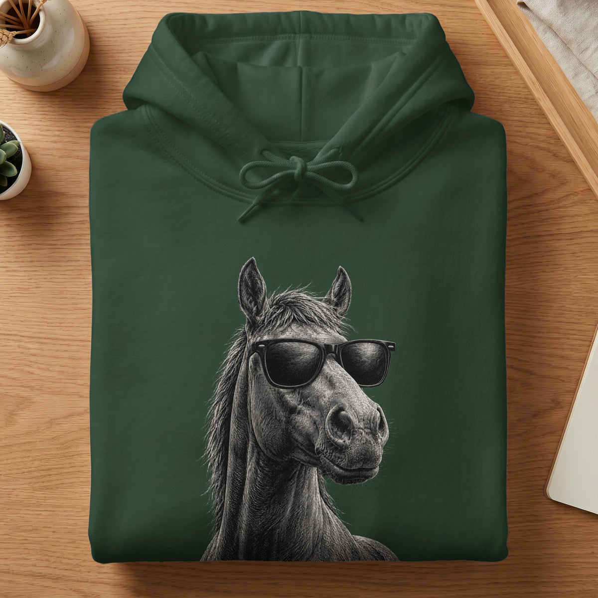 Dark green hoodie with a sketch of a horse wearing sunglasses on the front.