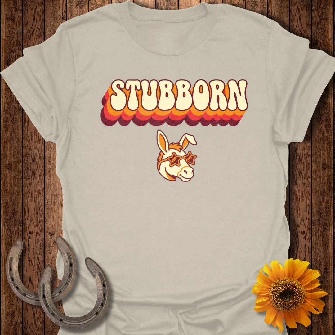 T-shirt with "STUBBORN" text and a donkey wearing star sunglasses.