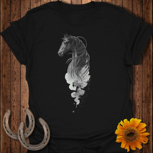 Black t-shirt featuring a stylized horse head with smoky mane design.