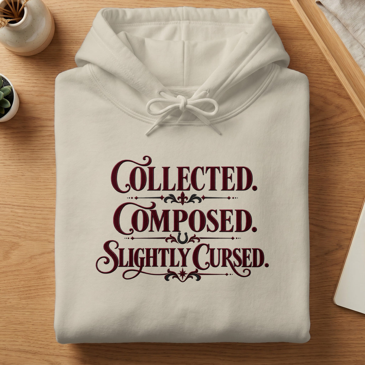 Cream hoodie with "Collected. Composed. Slightly Cursed." text.
