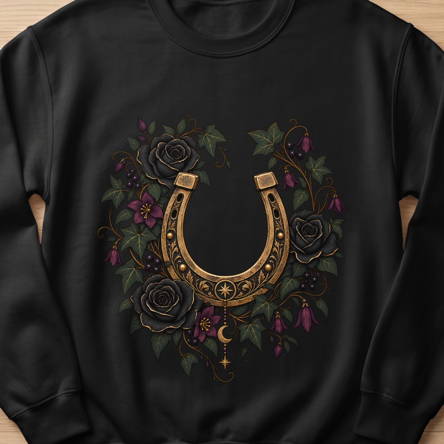 Black sweatshirt with a golden horseshoe surrounded by black roses and purple flowers.