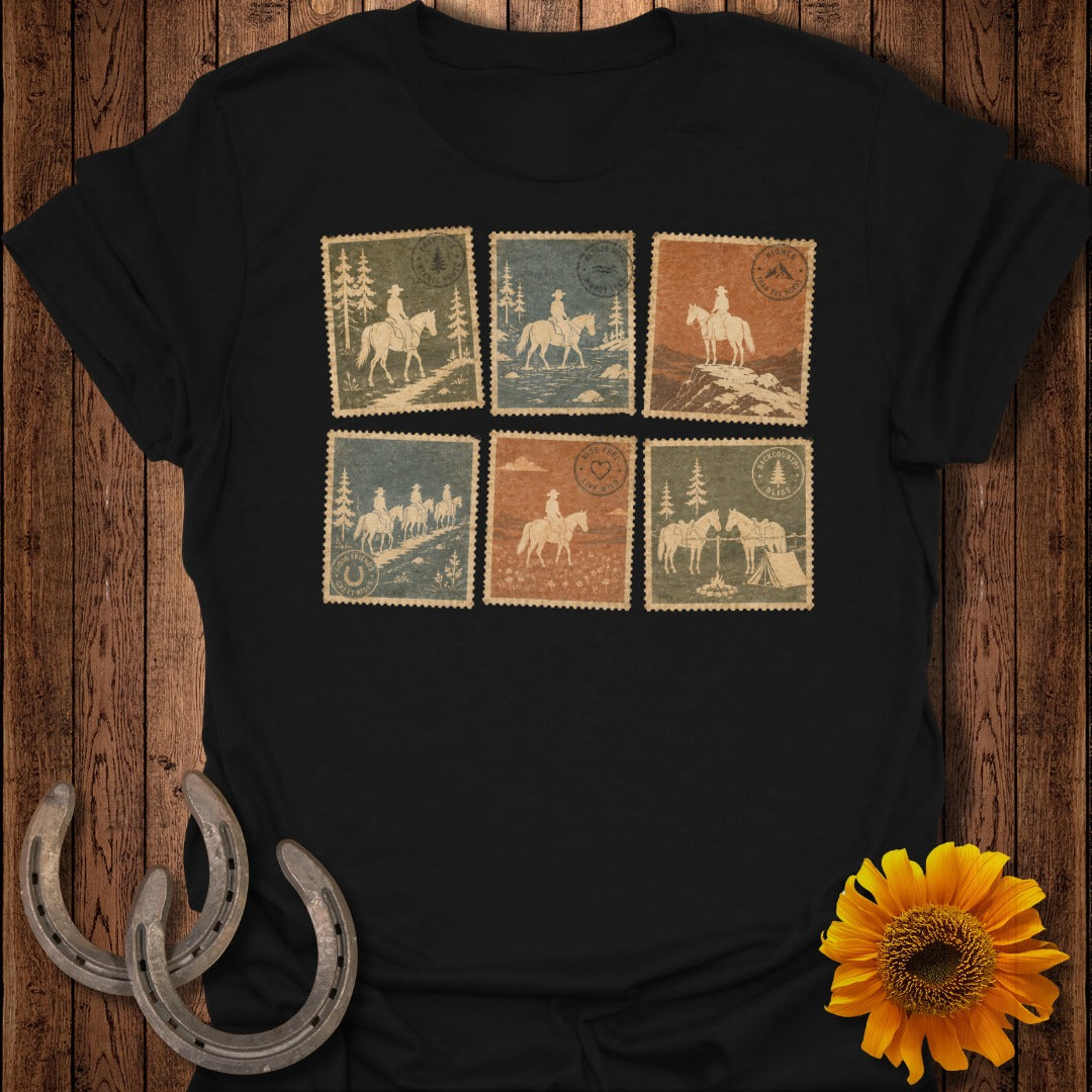 T-shirt with six postage stamp designs of horses and riders in outdoor scenes.