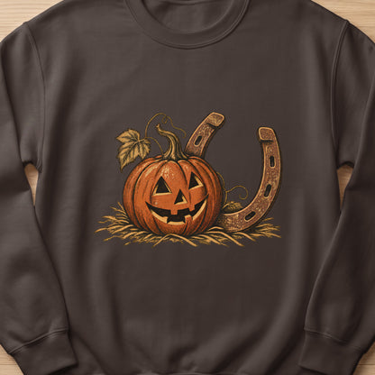 Halloween pumpkin with jack-o'-lantern face and rusty horseshoe on hay.