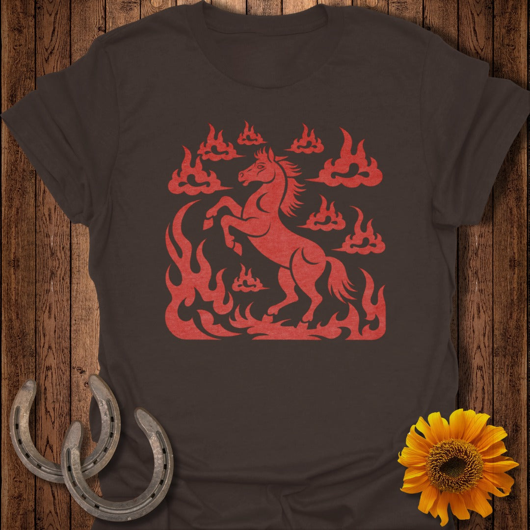 Red horse silhouette with flames and clouds on a brown t-shirt.