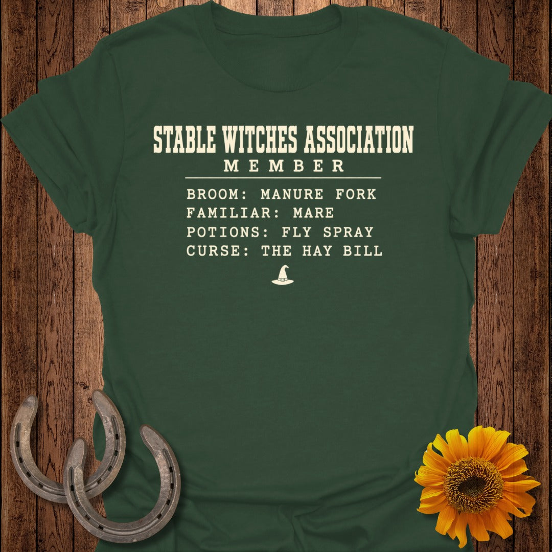 Green t-shirt with "Stable Witches Association Member" and funny horse-related text.
