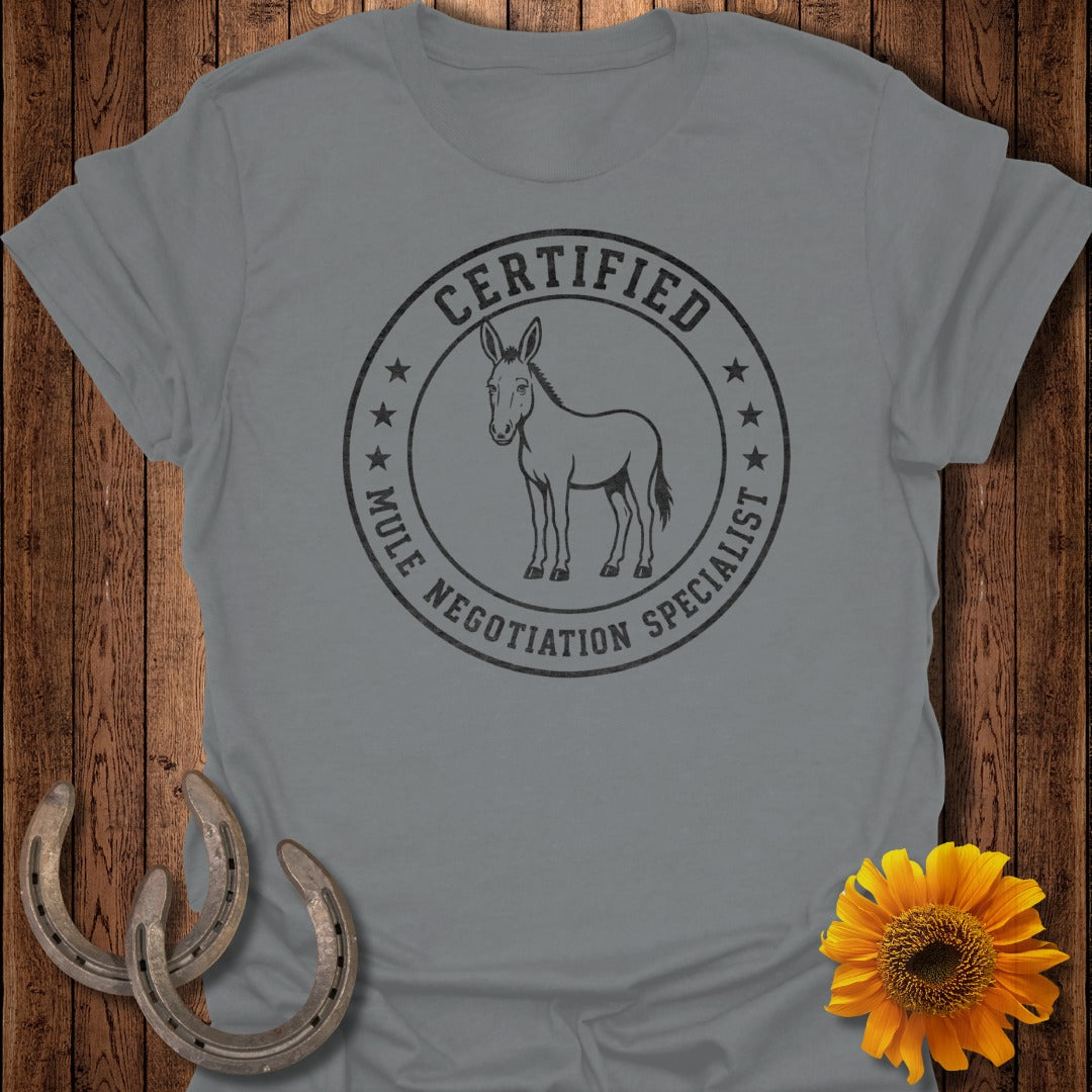 Grey t-shirt with "Certified Mule Negotiation Specialist" text and a mule graphic.