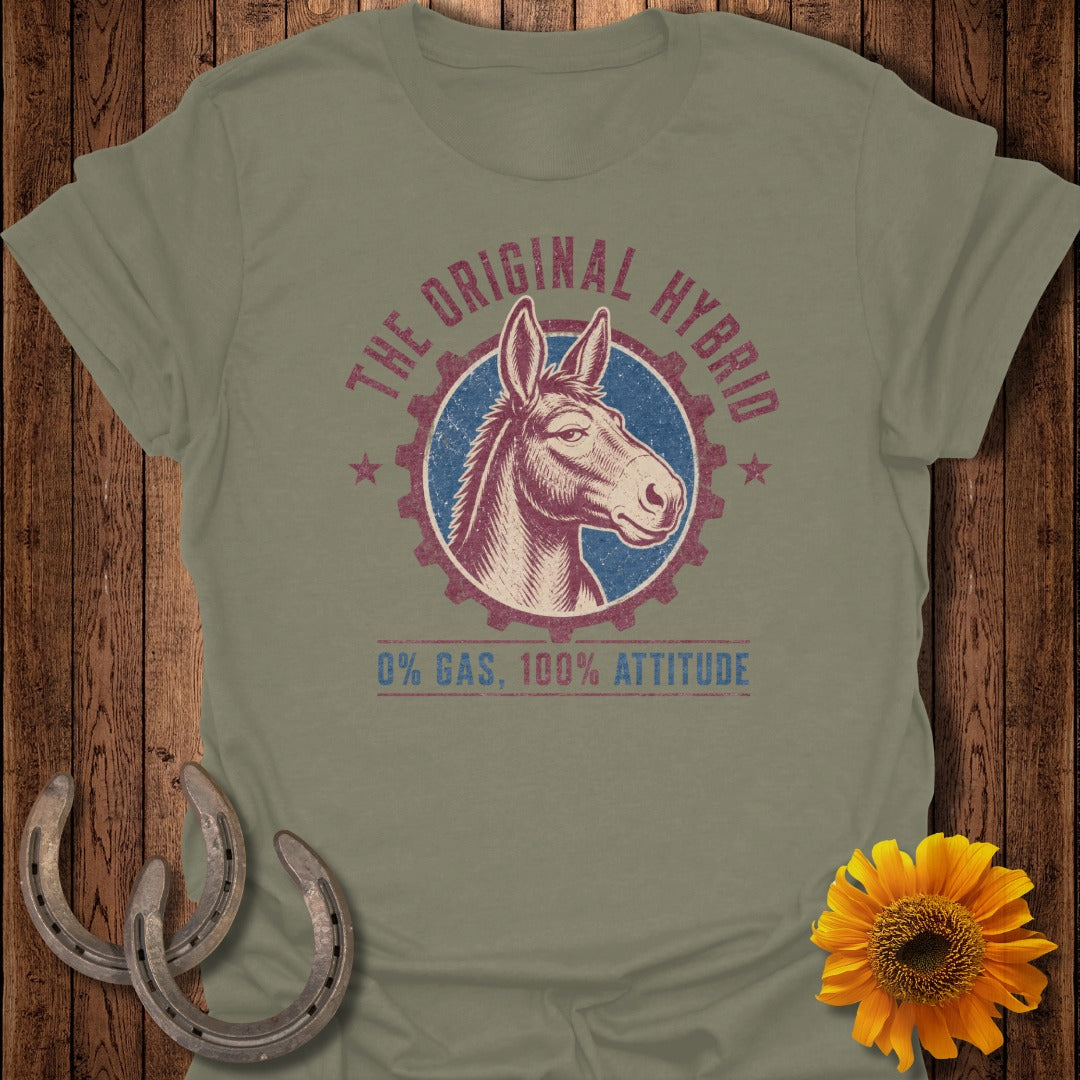 T-shirt graphic: The Original Hybrid, 0% Gas, 100% Attitude, donkey head.