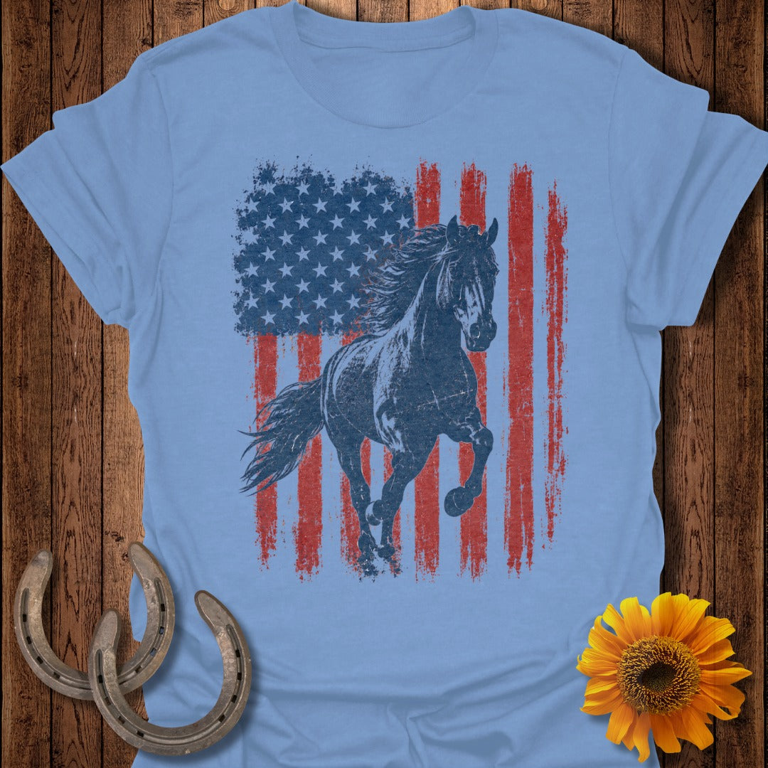 Blue t-shirt with distressed American flag and running horse graphic.