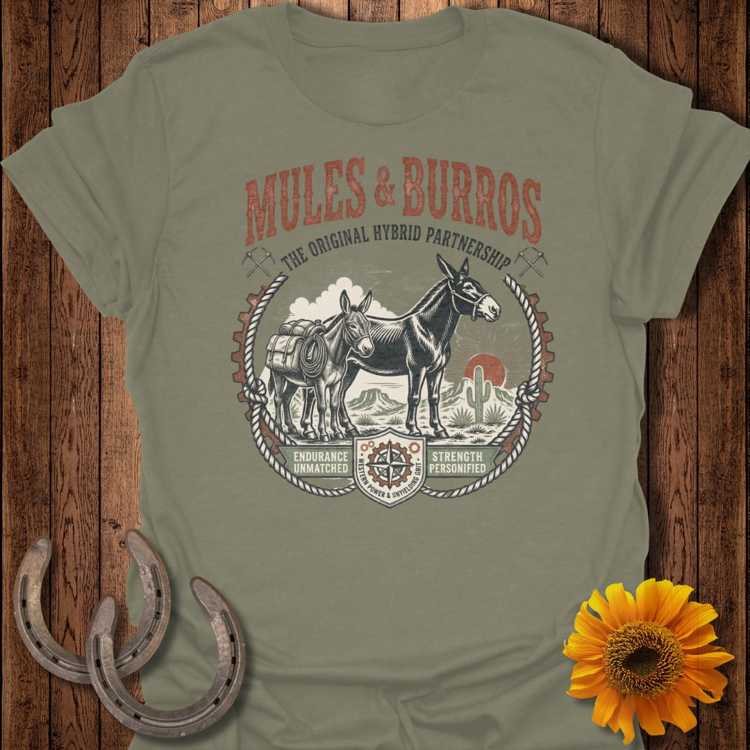 Mules & Burros: The Original Hybrid Partnership graphic tee with horseshoes and sunflower.