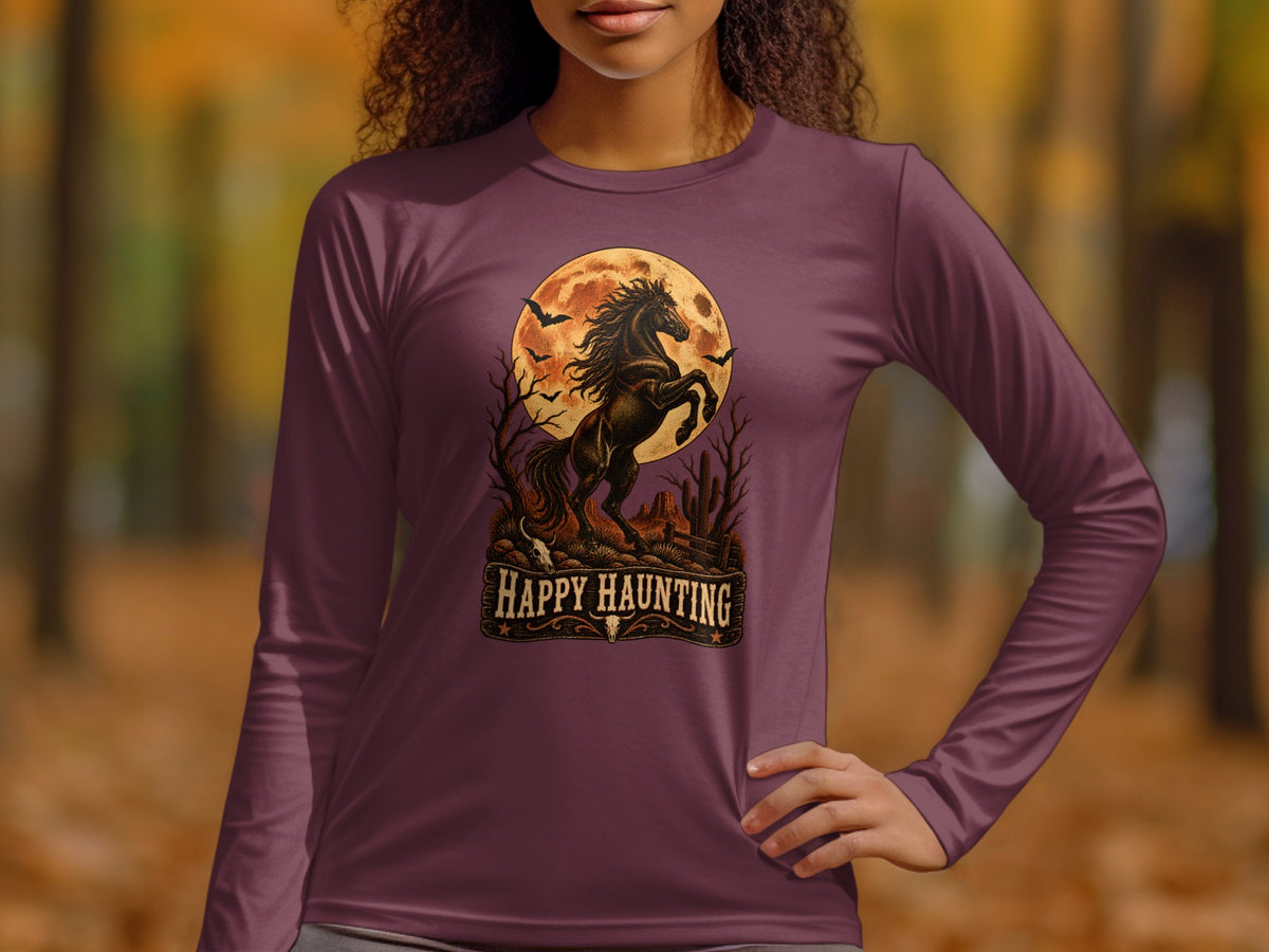 Long sleeve shirt with dark horse, moon, bats, and "Happy Haunting" text.
