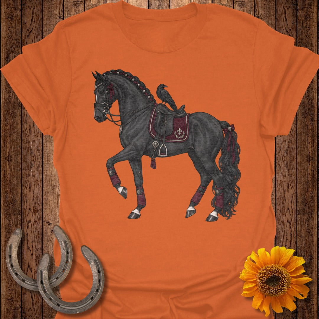 Black horse with ornate saddle and a raven, adorned with burgundy accents.