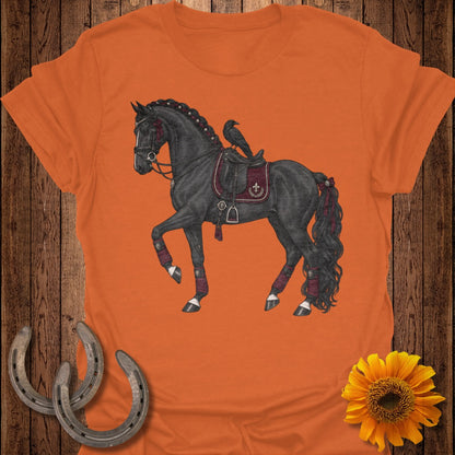Black horse with ornate saddle and a raven, adorned with burgundy accents.