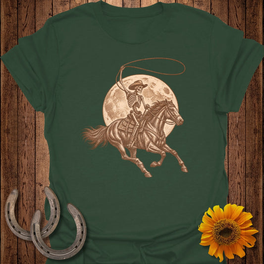 Skeleton cowboy on horseback with lasso against a full moon.