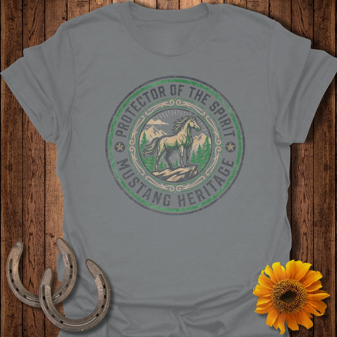 Grey t-shirt with green circular Mustang Heritage graphic featuring a horse.