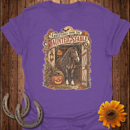 Horse and jack-o'-lantern in a haunted stable with text "Greetings From The Haunted Stable."