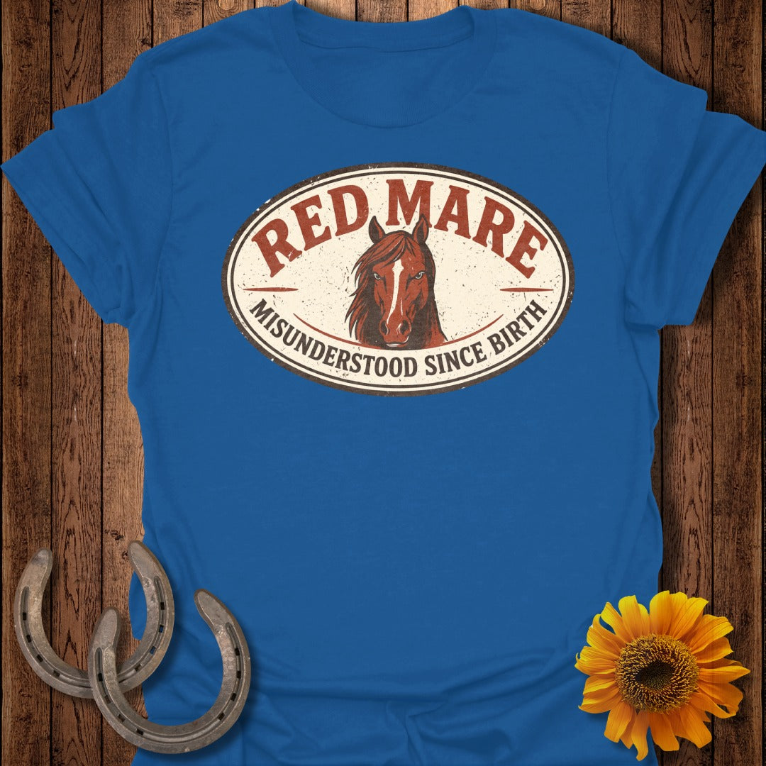 Blue t-shirt with "Red Mare Misunderstood Since Birth" oval logo featuring a horse.
