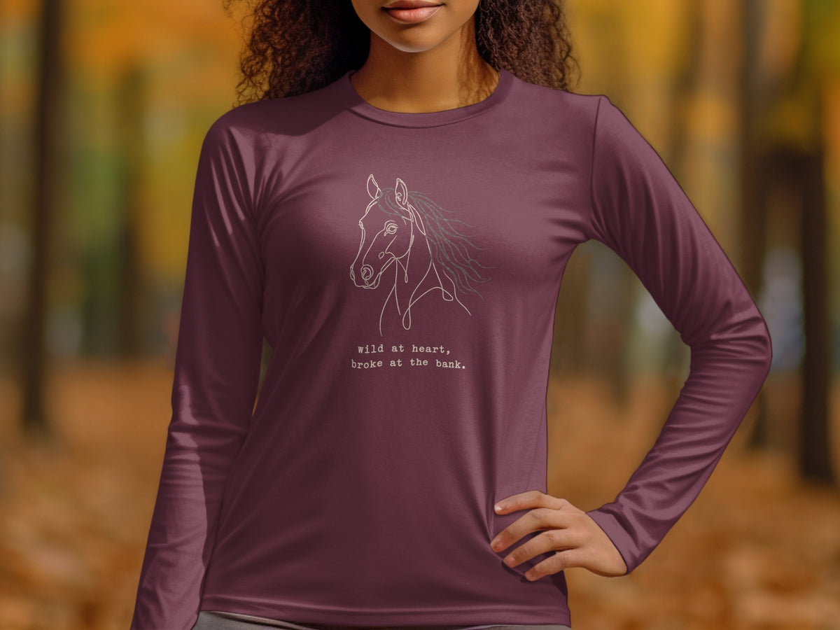Maroon long-sleeve shirt with a white line drawing of a horse and text.