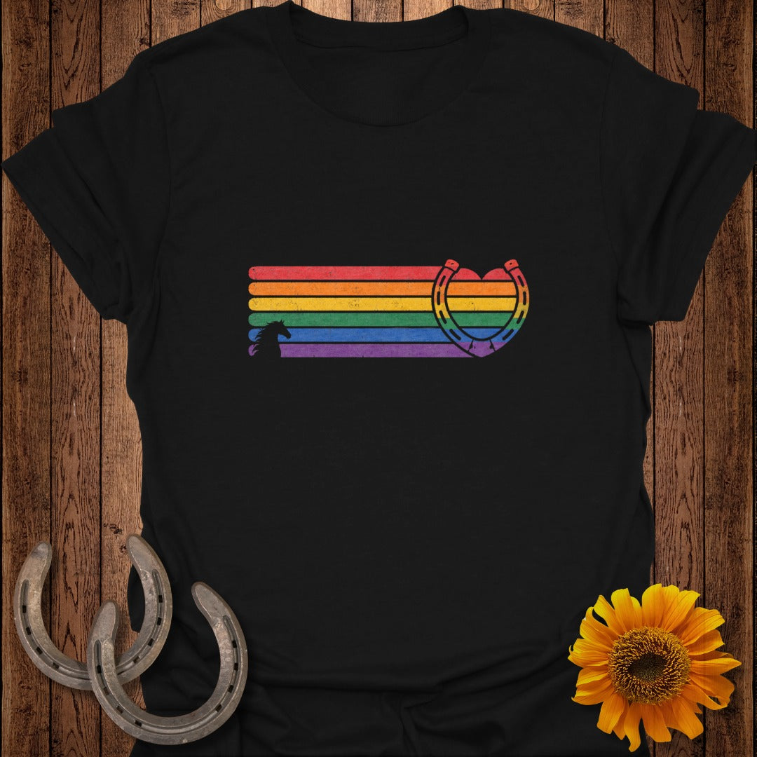 Black t-shirt with rainbow stripes forming a horseshoe heart and a horse silhouette.