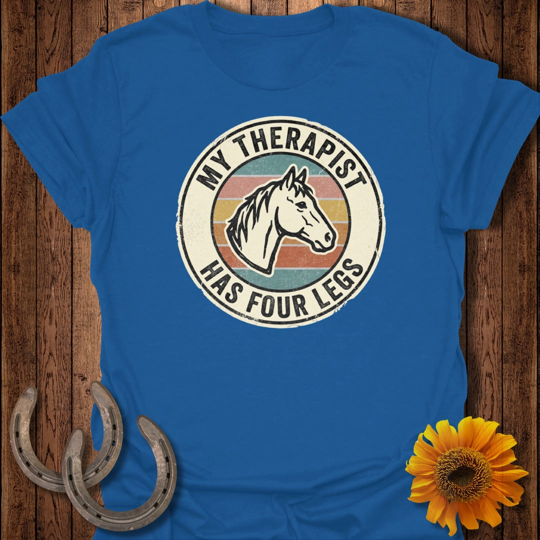 Blue t-shirt with "My Therapist Has Four Legs" text and horse head logo.