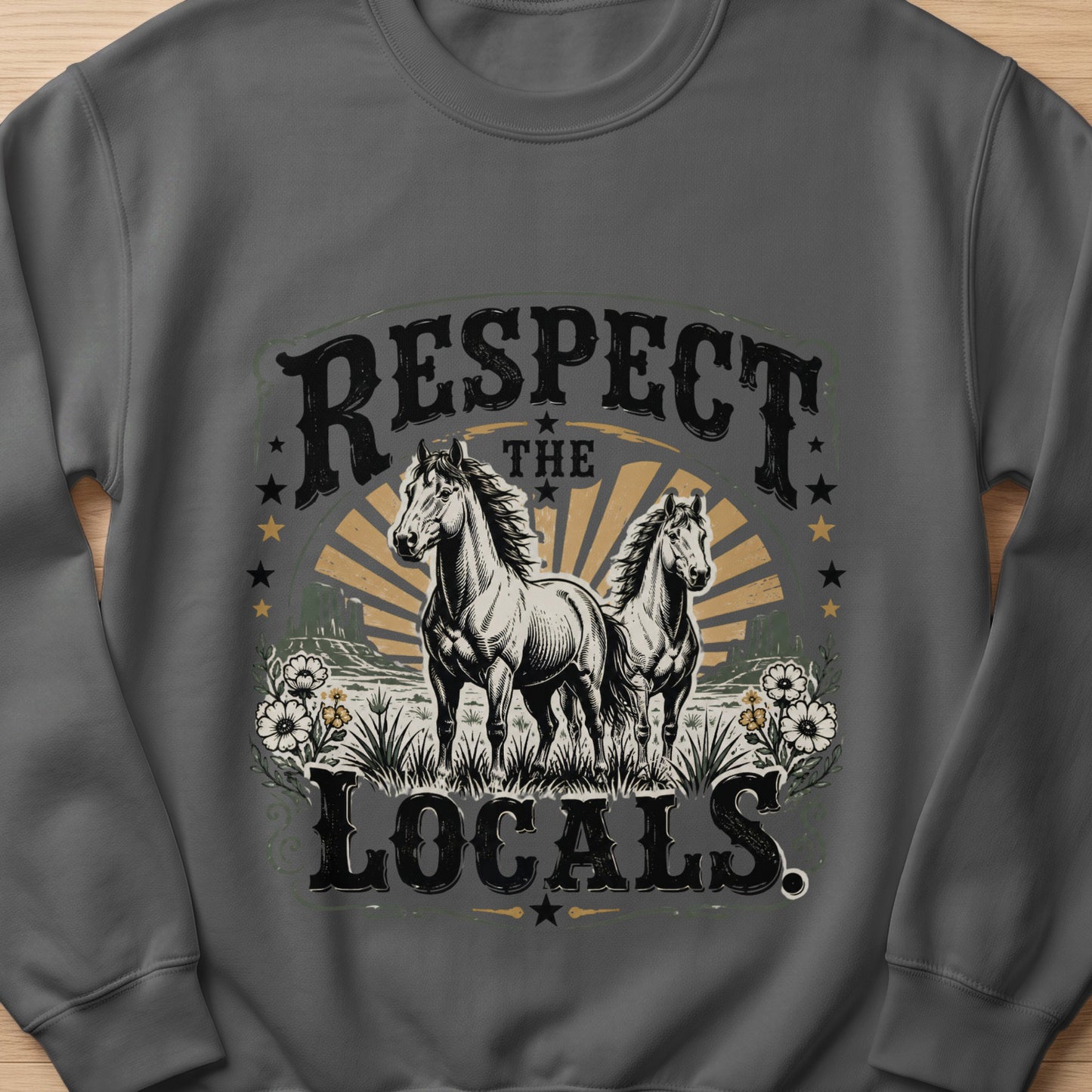 Two horses stand in a field with text "RESPECT THE LOCALS" and western-style elements.