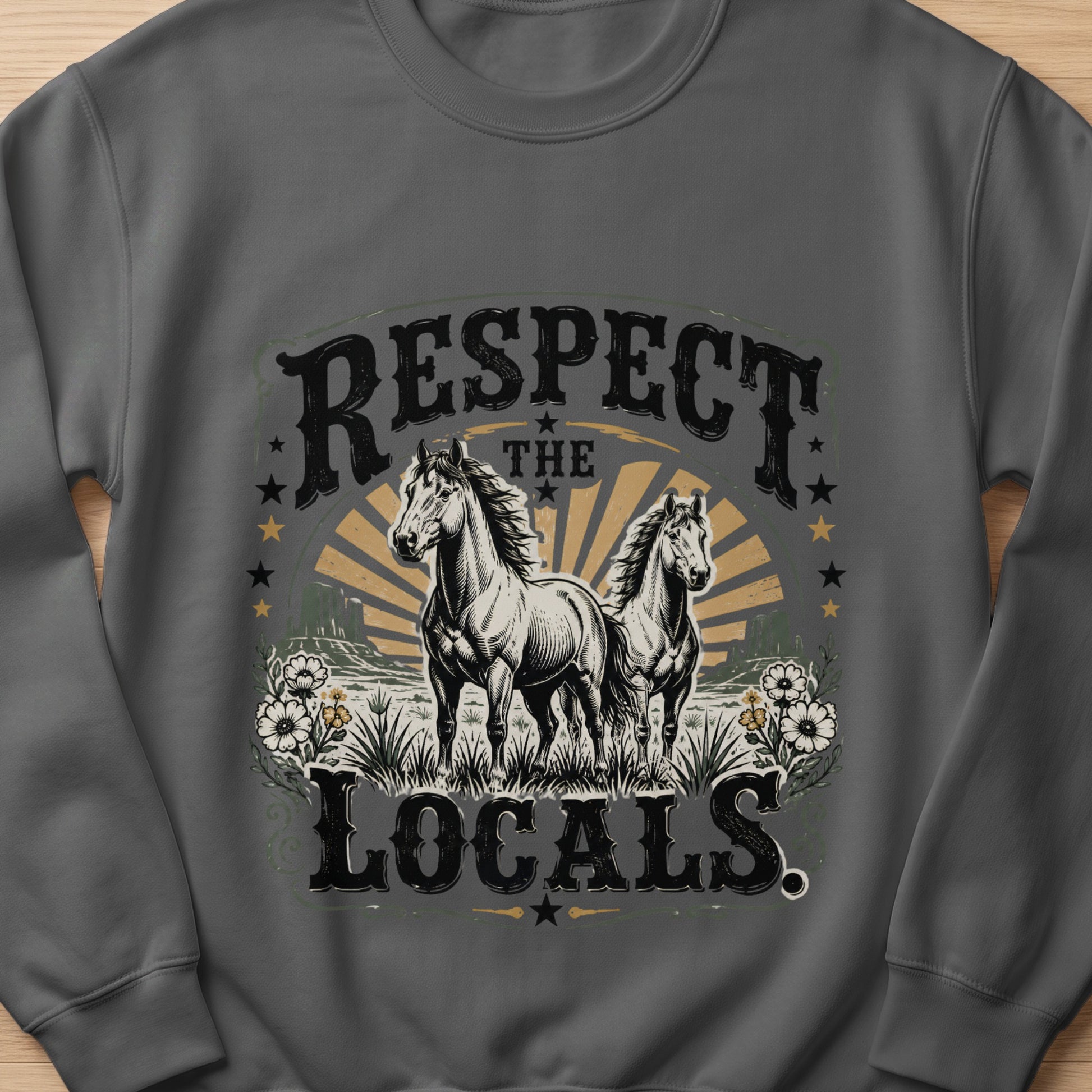 Two horses stand in a field with text "RESPECT THE LOCALS" and western-style elements.
