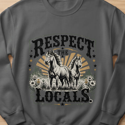 Two horses stand in a field with text "RESPECT THE LOCALS" and western-style elements.