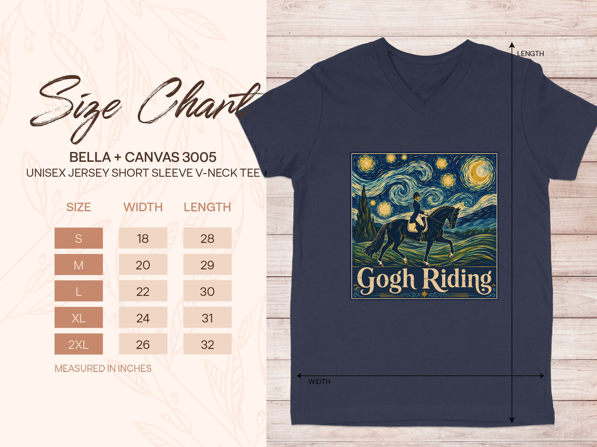 Navy t-shirt with "Gogh Riding" graphic and size chart on left.